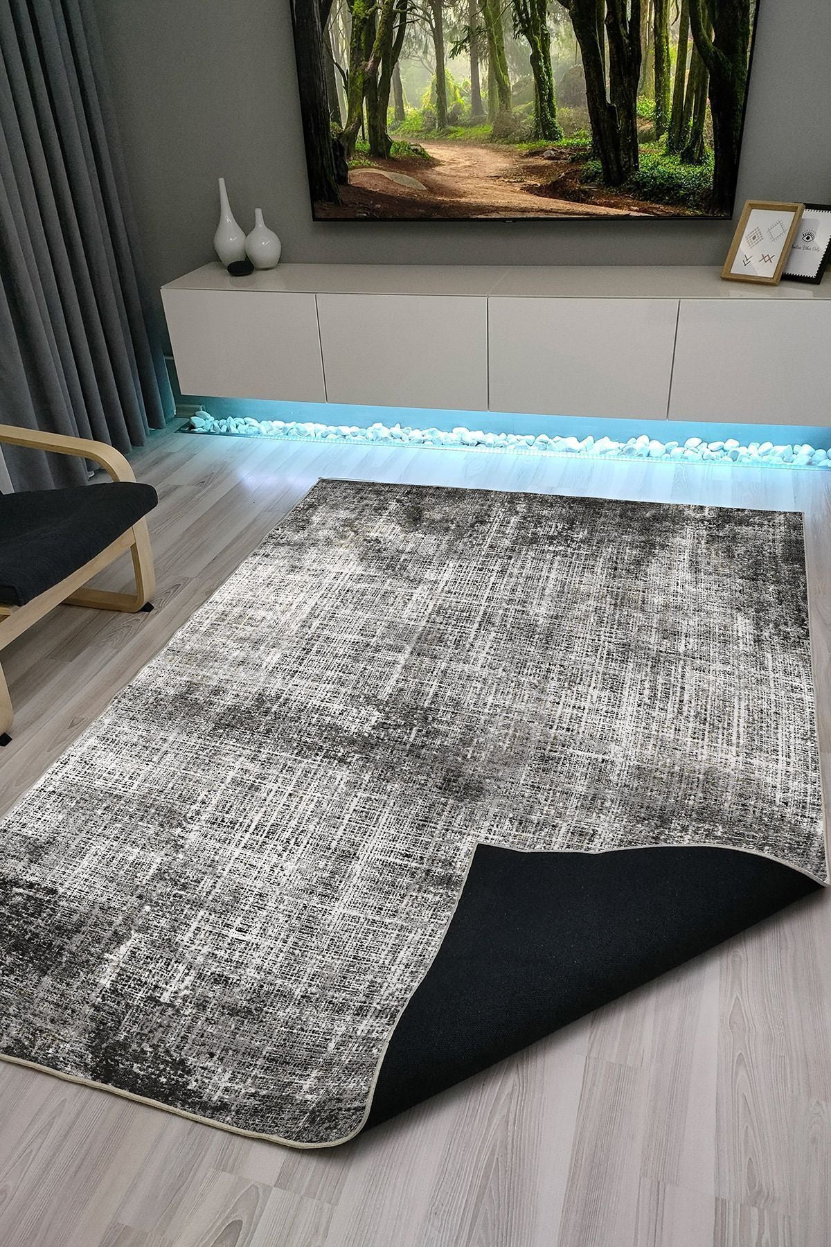 Halı Vagonu 1008 Gri Tonlarında Spor Modern Desenli Dekoratif Kaymaz Taban Halı