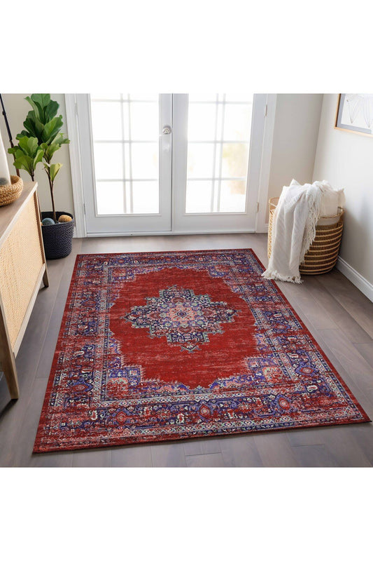 Halı Vagonu 197 Kırmızı Etnik Desenli Vintage Dokuma Taban Halı