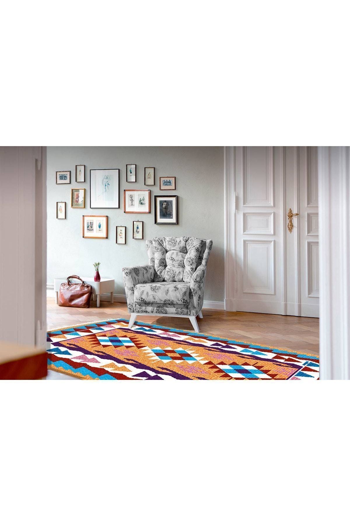 Cotton Serisi Multy Tonlarında Otantik Eskitme Geometrik Desen Dekoratif Dokuma Taban Kilim