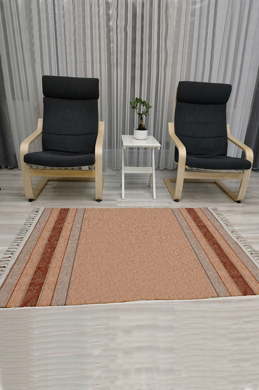 Cotton Serisi Kahve Tonlarında Eskitme Etnik Bördür Desenli Dekoratif Dokuma Taban Kilim