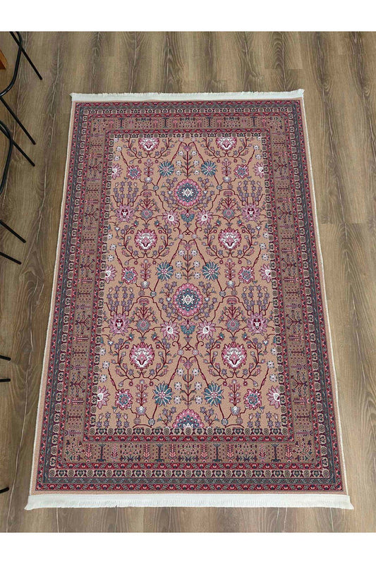 Halı Vagonu Fuşya Tonlarında Çiçekli Etnik ModernDesenli Pamuk Dokuma Taban Halı