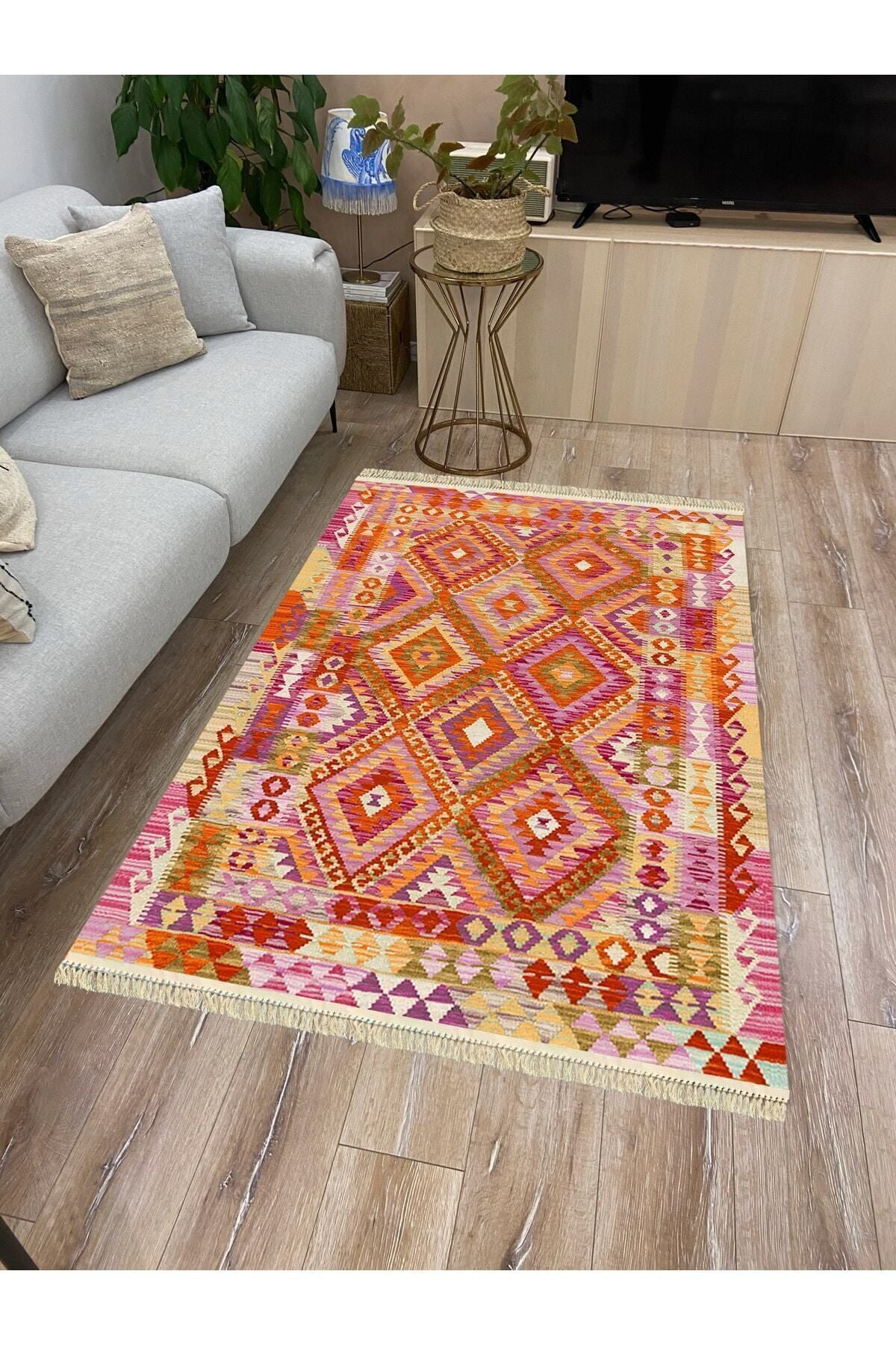 Cotton Serisi Pembe Tonunda Baklavalı Geometrik Desen Dekoratif Dokuma Taban Kilim