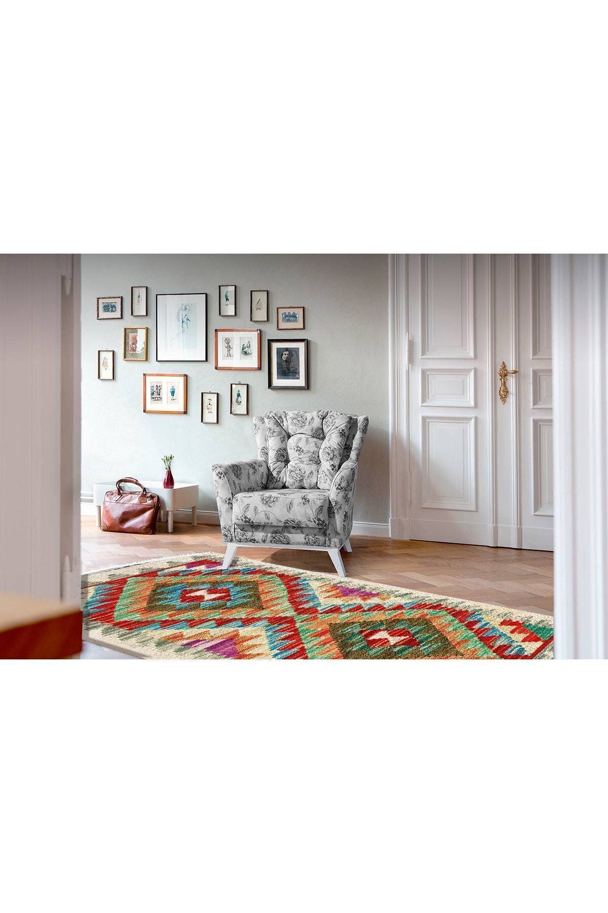 Cotton Serisi Multy Tonlarında Otantik Eskitme Geometrik Desen Dekoratif Dokuma Taban Kilim