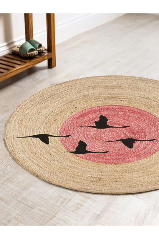 Boho 990 Gün batımı Leylek Botanik Desenli Örgü Yuvarlak Natural Çift Taraflı Halı - HALI VAGONU