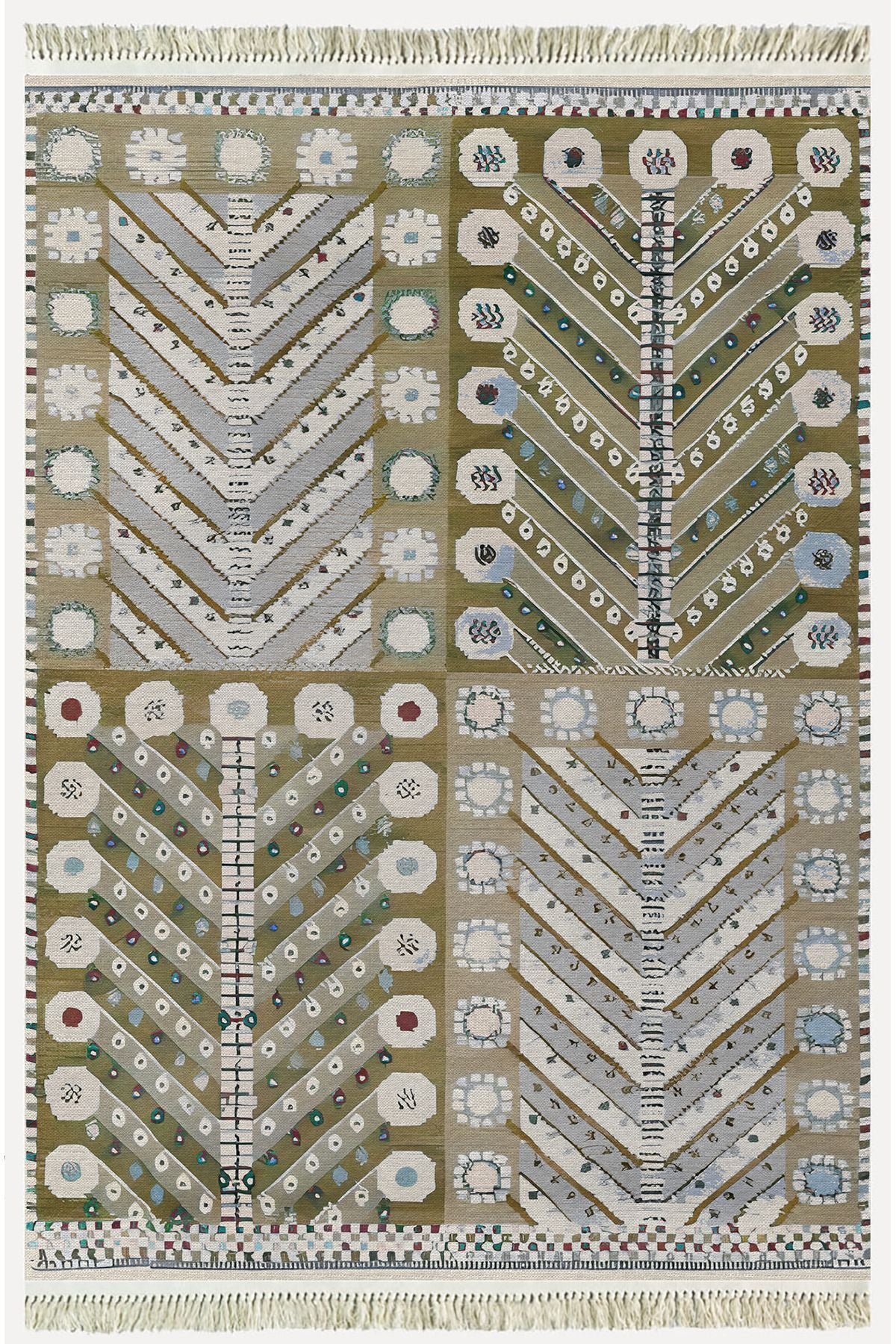 Cotton Kilim 3 Yeşil Tonunda Geometrik Desenli Dekoratif Yıkanabilen Dokuma Taban Kilim