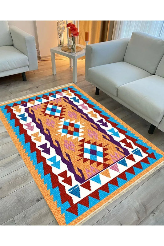 Cotton Serisi Multy Tonlarında Otantik Eskitme Geometrik Desen Dekoratif Dokuma Taban Kilim - HALI VAGONU