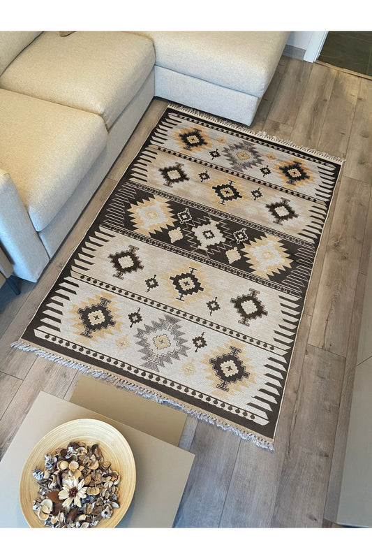 Cotton Kilim 17 Kahve Zeminli Çizgili Desenli Dekoratif Yıkanabilen Dokuma Taban Kilim