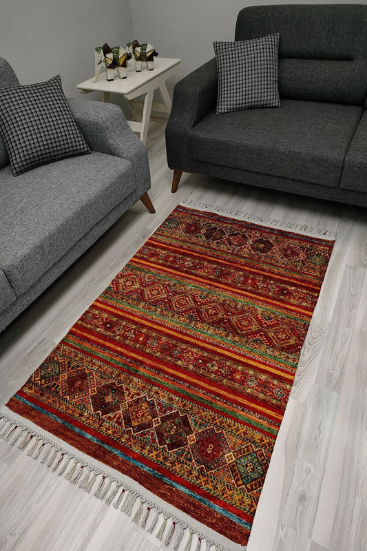 Halı Vagonu 2034 Klasik Eskitme Görünümlü Çizgili Desen Kaymaz Taban Dekoratif Halı