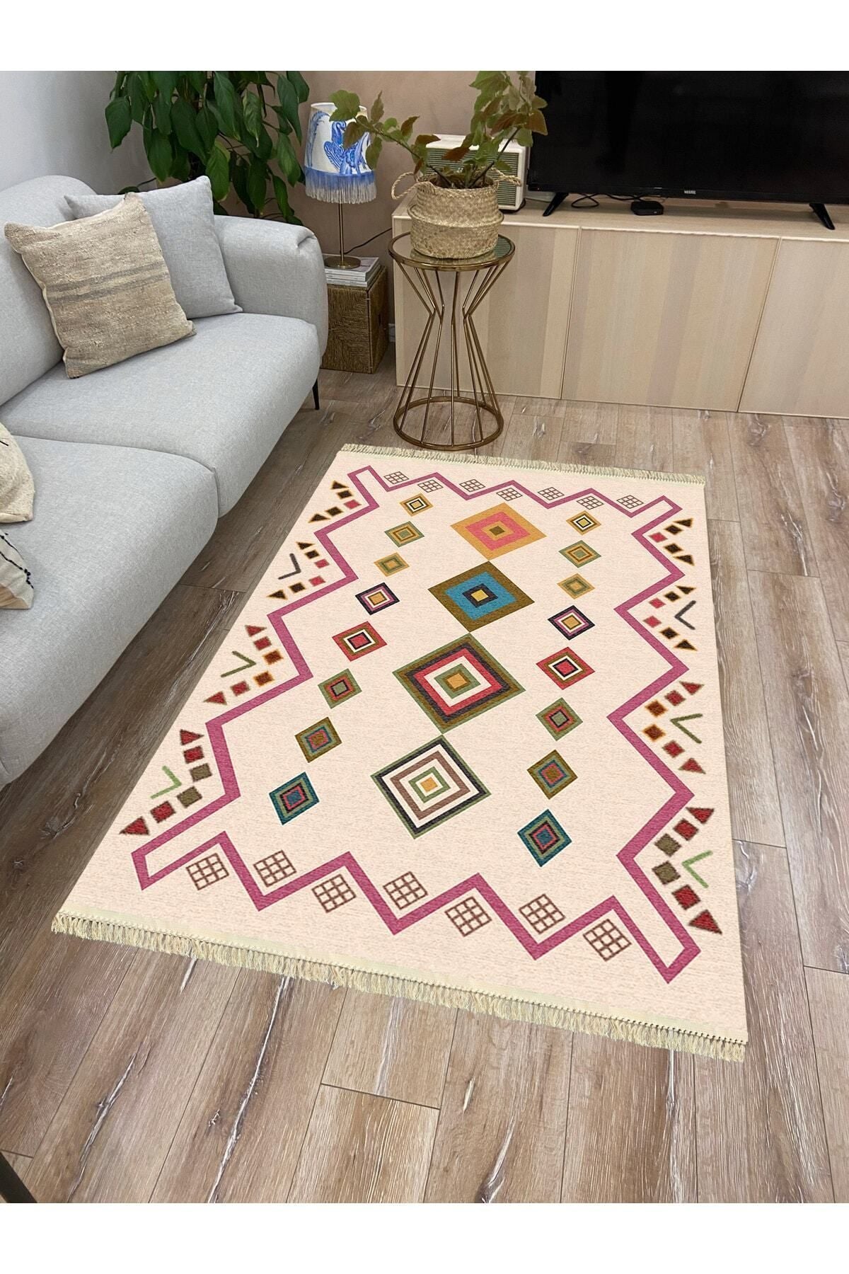 Cotton Serisi Krem Tonunda Geometrik Desenli Dekoratif Dokuma Taban Kilim