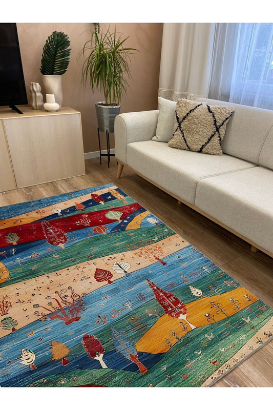 Halı Vagonu 77 Renklı Manzara Temalı Dekoratif Salon Halısı Saçaklı Yıkanabilen Halı