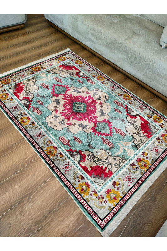 Halı VagonuTurkuaz ve Kırmızı Desenli Vintage Halı - Geleneksel ve Modern Tarz 2142 - HALI VAGONU