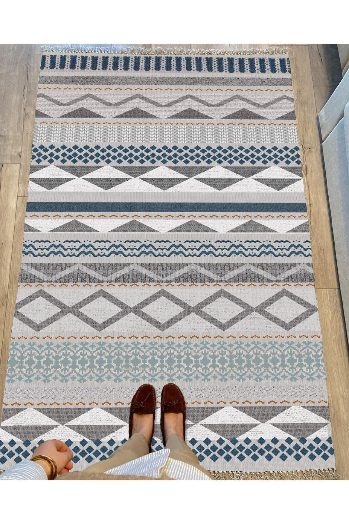 Cotton Serisi Hasır Görünümlü Gri Tonlarında Eskitme Etnik Desen Dekoratif Dokuma Taban Kilim