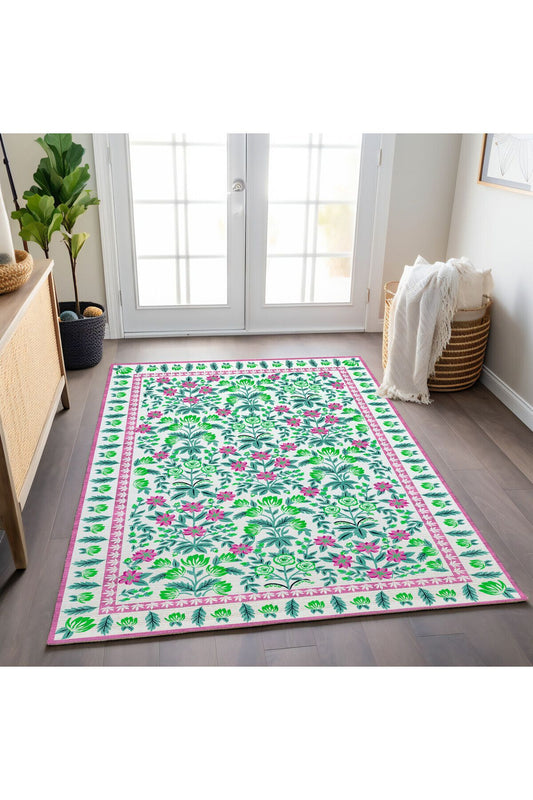 Halı Vagonu 193 Pembe Yeşil Çiçeksi Pastel Modern Dokuma Taban Halı
