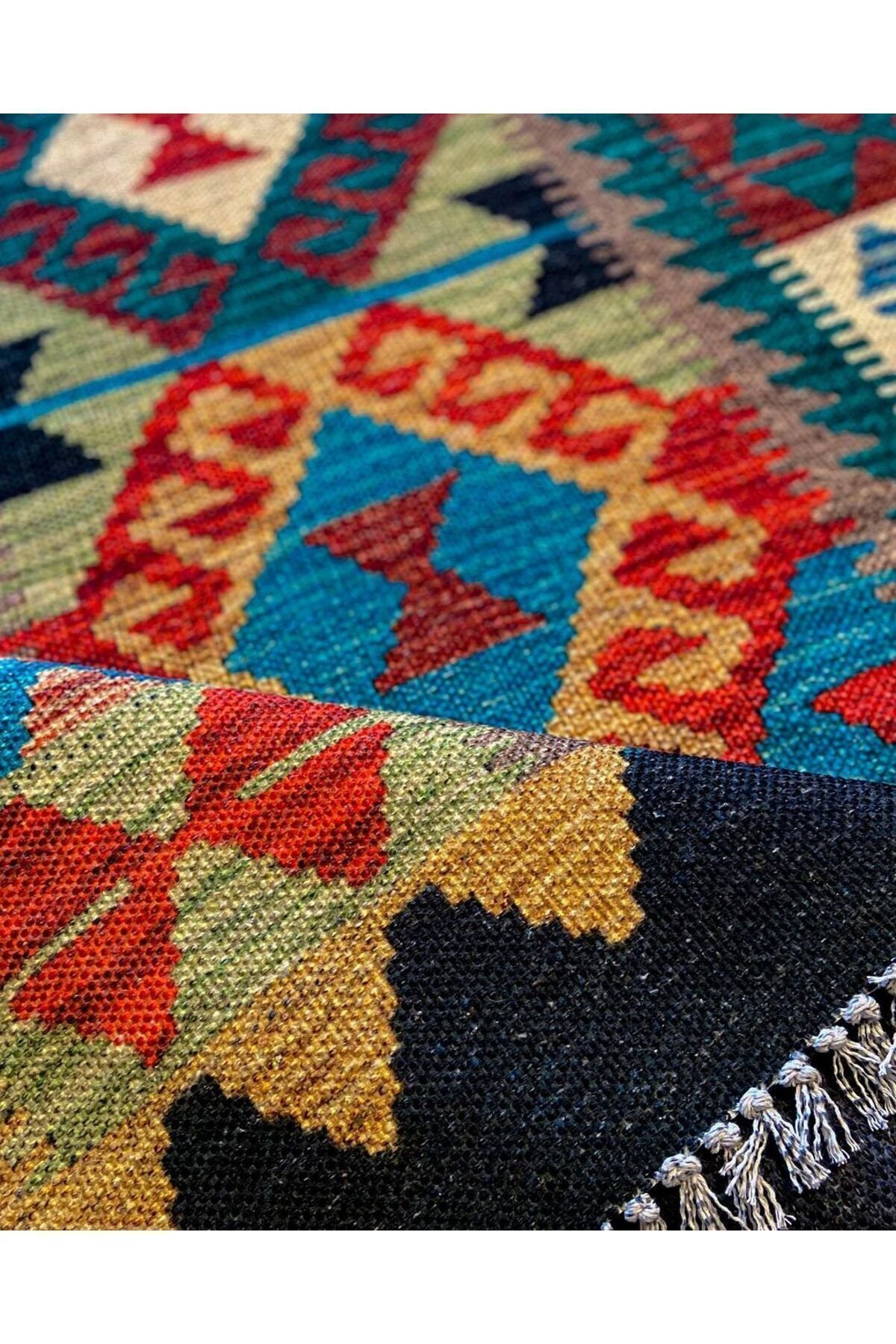 Cotton Kilim 3053 Laciver Geleneksel Motifler Modern Dekoratif Saçaklı Yıkanabilen Dokuma Kilim