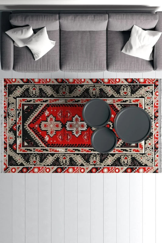 Halı Vagonu Serisi Siyah Tonlarında Bordürlü Desen Kaymaz Taban Şönil Halı - HALI VAGONU