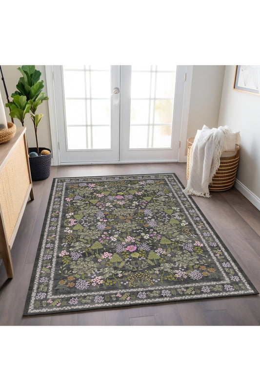 Halı Vagonu 188 Haki Pembe Tonlarda Çiçeksi Pastel Modern Dokuma Taban Halı