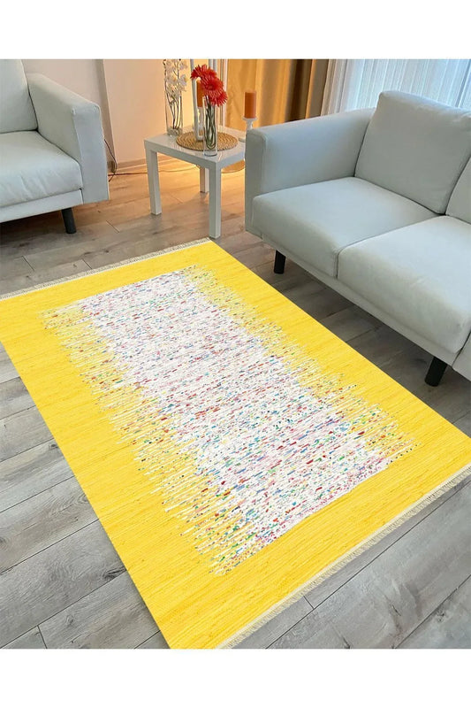 Cotton Serisi Sarı Rengi Ortası Su Yolu Eskitme Modern Desen Dekoratif Dokuma Taban Kilim - HALI VAGONU