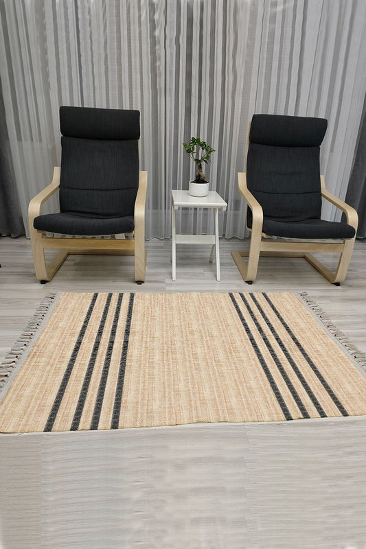 Cotton Serisi Süt Kahve Ve Koyu Gri Tonlarında Ince Bordürlü Dekoratif Dokuma Taban Kilim