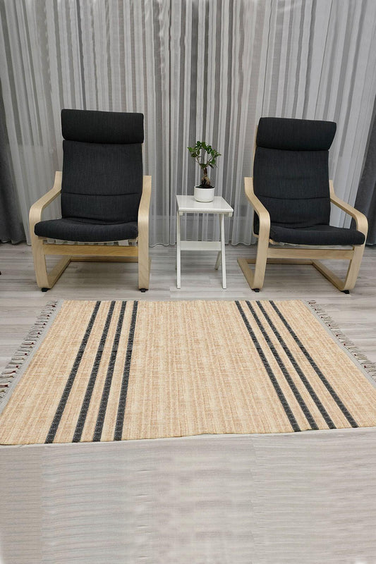 Cotton Serisi Süt Kahve Ve Koyu Gri Tonlarında Ince Bordürlü Dekoratif Dokuma Taban Kilim - HALI VAGONU