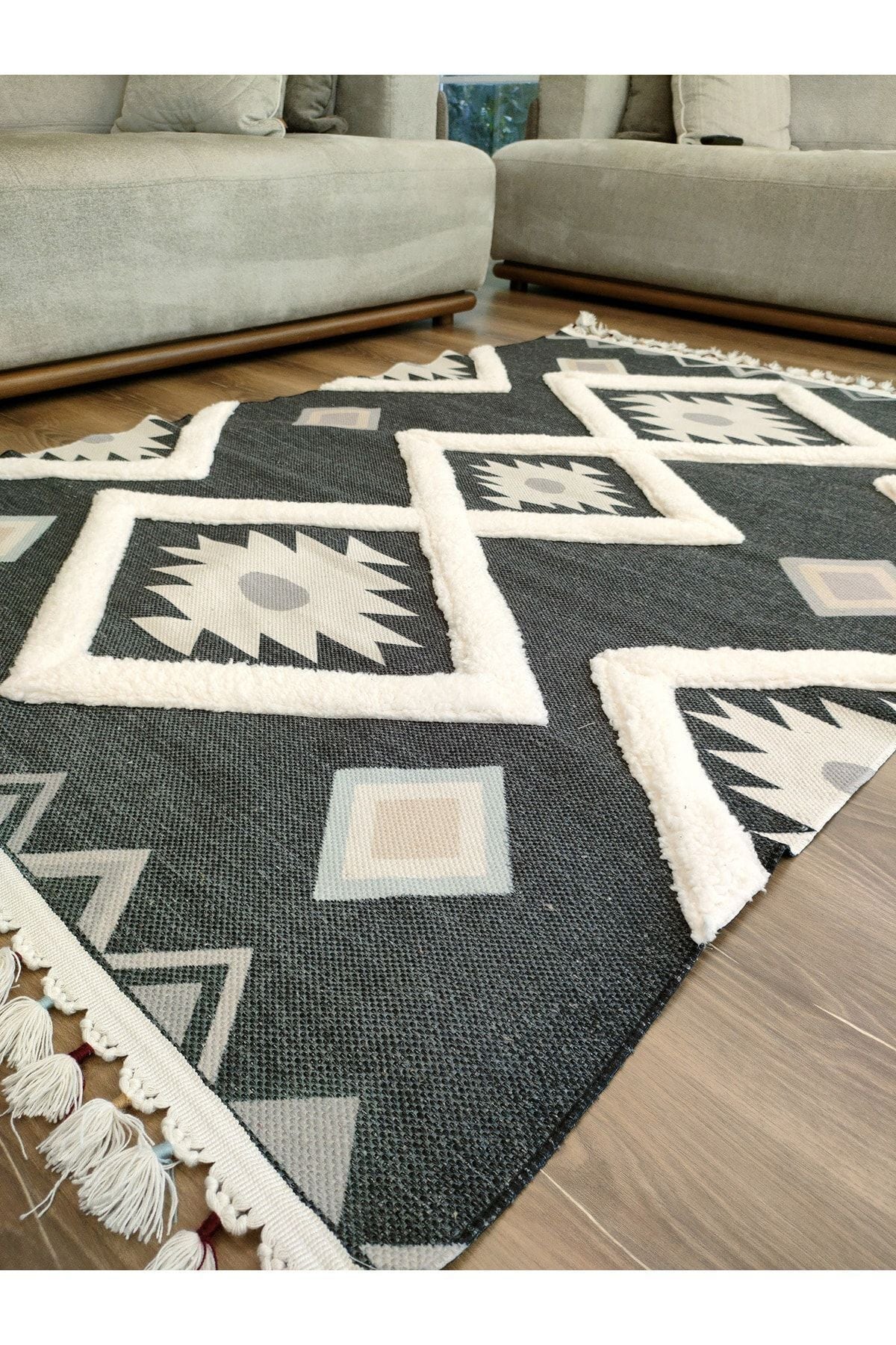 Tafting Kilim Serisi Üzeri Peluşlu Dokuma Taban Dekoratif Kilim