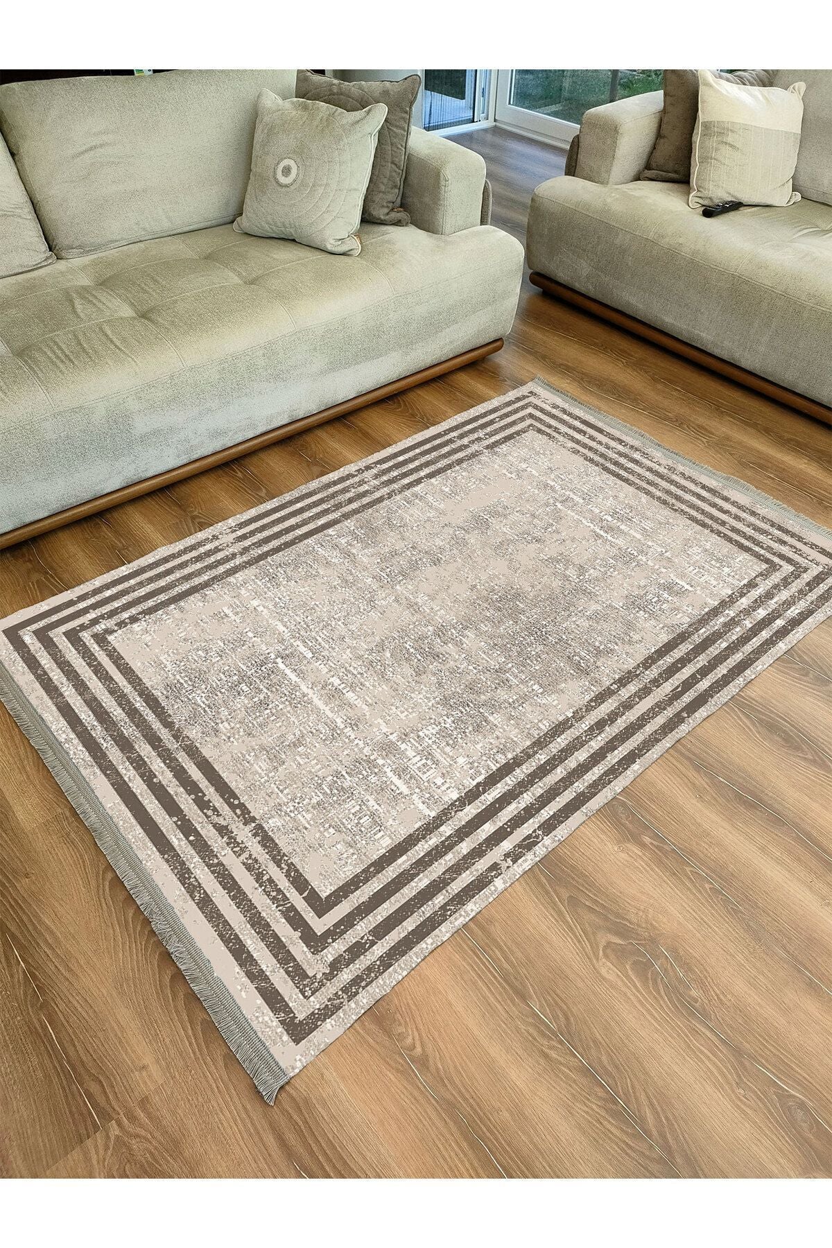 HV 2077 Kahverengi Çerçeve Desenli Yıkanabilir Kaymaz Salon Halısı, Koridor Ve Mutfak Halısı