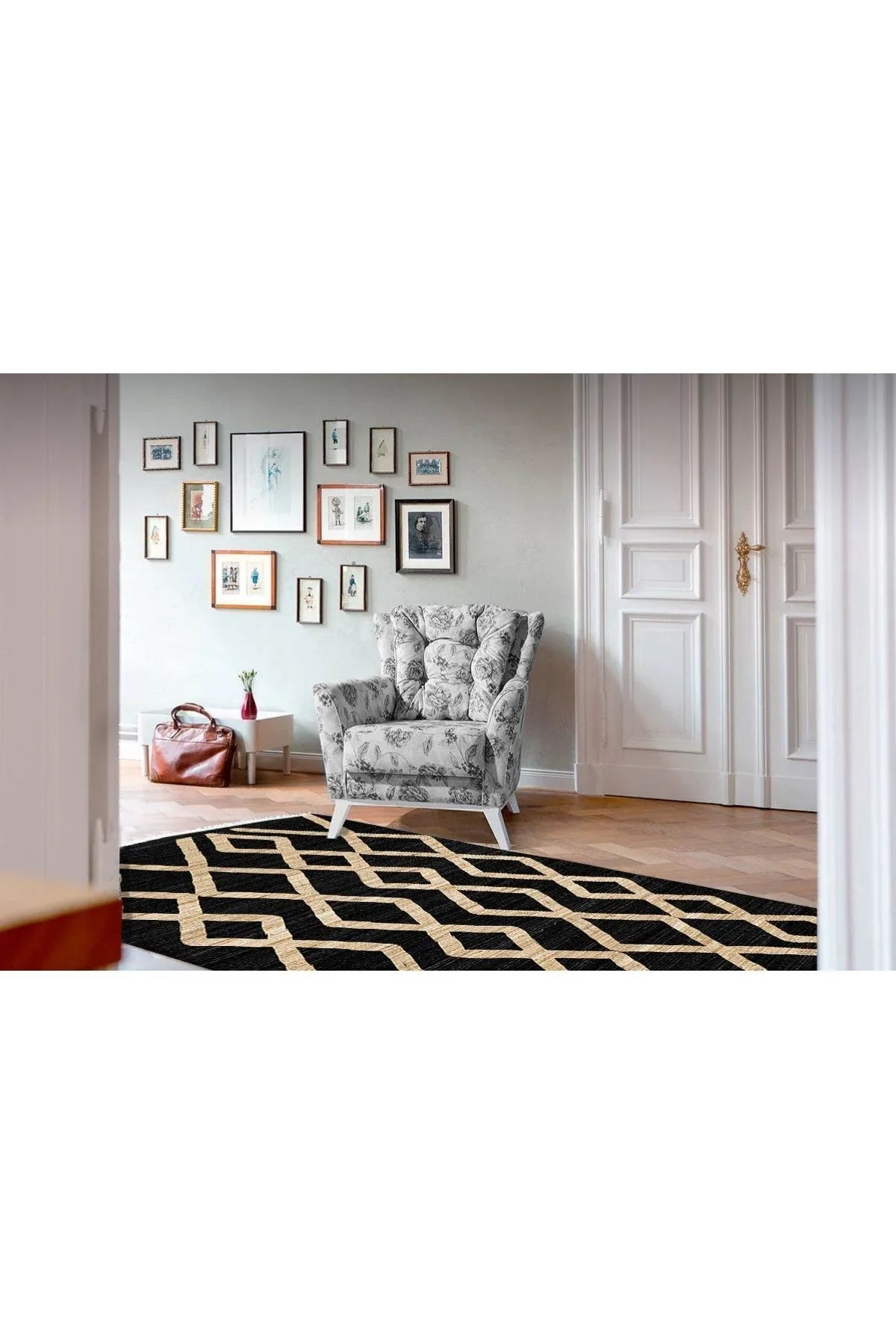 Cotton Serisi Siyah Ve Hasır Görünümlü Otantik Etnik Desenli Dekoratif Dokuma Taban Kilim - HALI VAGONU