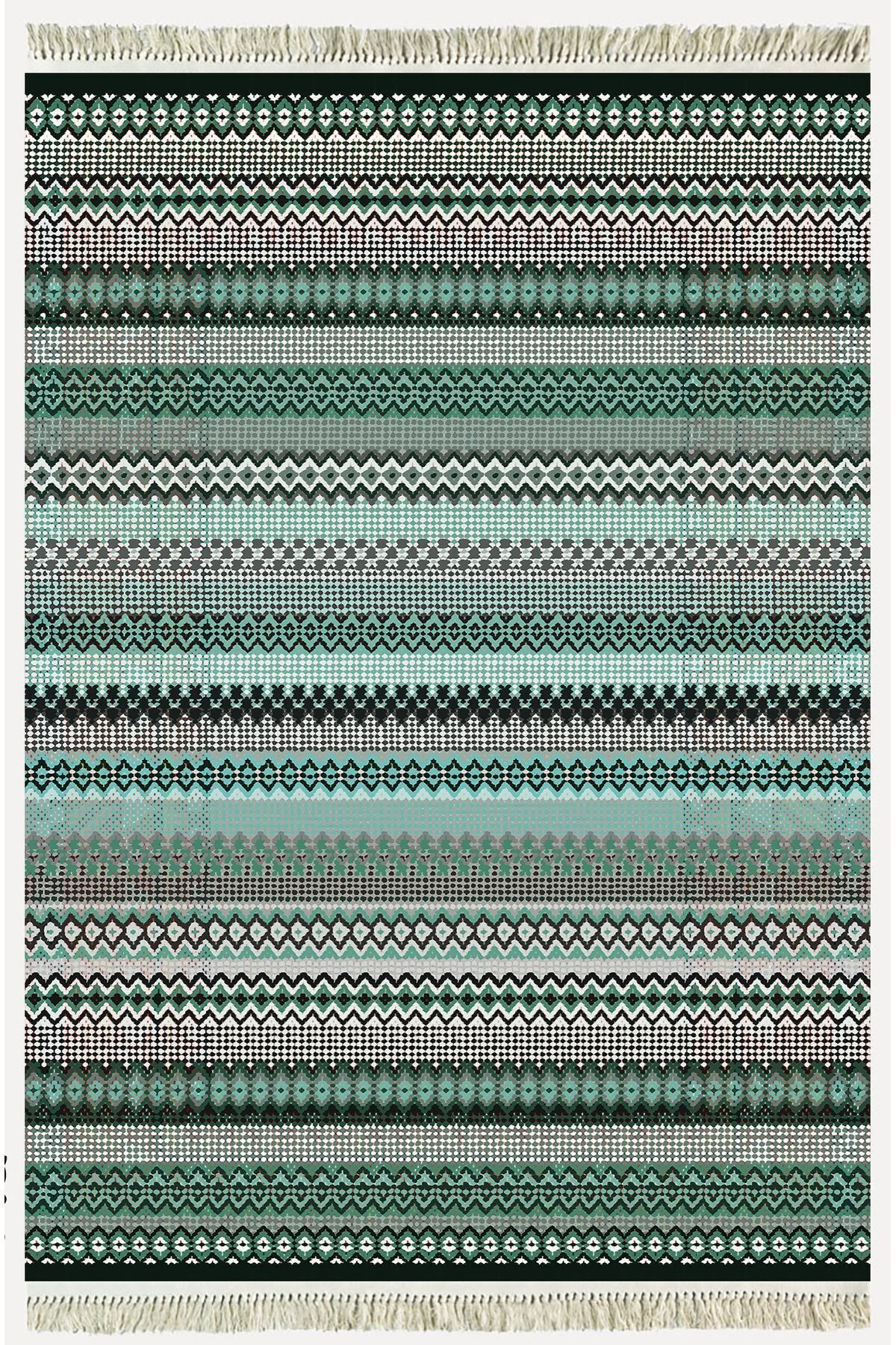 Cotton Kilim 21 Yeşil Zeminli Çizgili Desenli Dekoratif Yıkanabilen Dokuma Taban Kilim