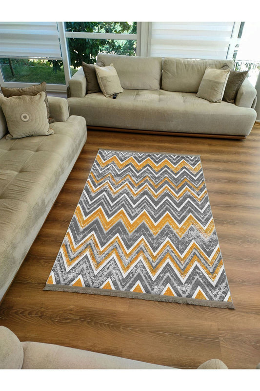 Halı Vagonu Serisi Hardal Ve Gri Tonlarında Zikzak Geometrik Desen Kaymaz Taban Şönil Halı