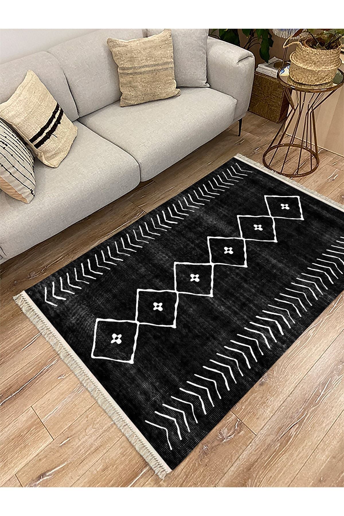 Cotton Serisi Siyah Beyaz Naturel Orta Çağ Desen Dekoratif Dokuma Taban Kilim