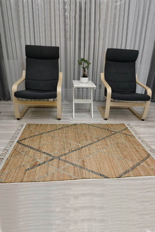 Cotton Serisi Gri Ve Kahve Tonlarında Eskitme Otantik Desen Dekoratif Dokuma Taban Kilim