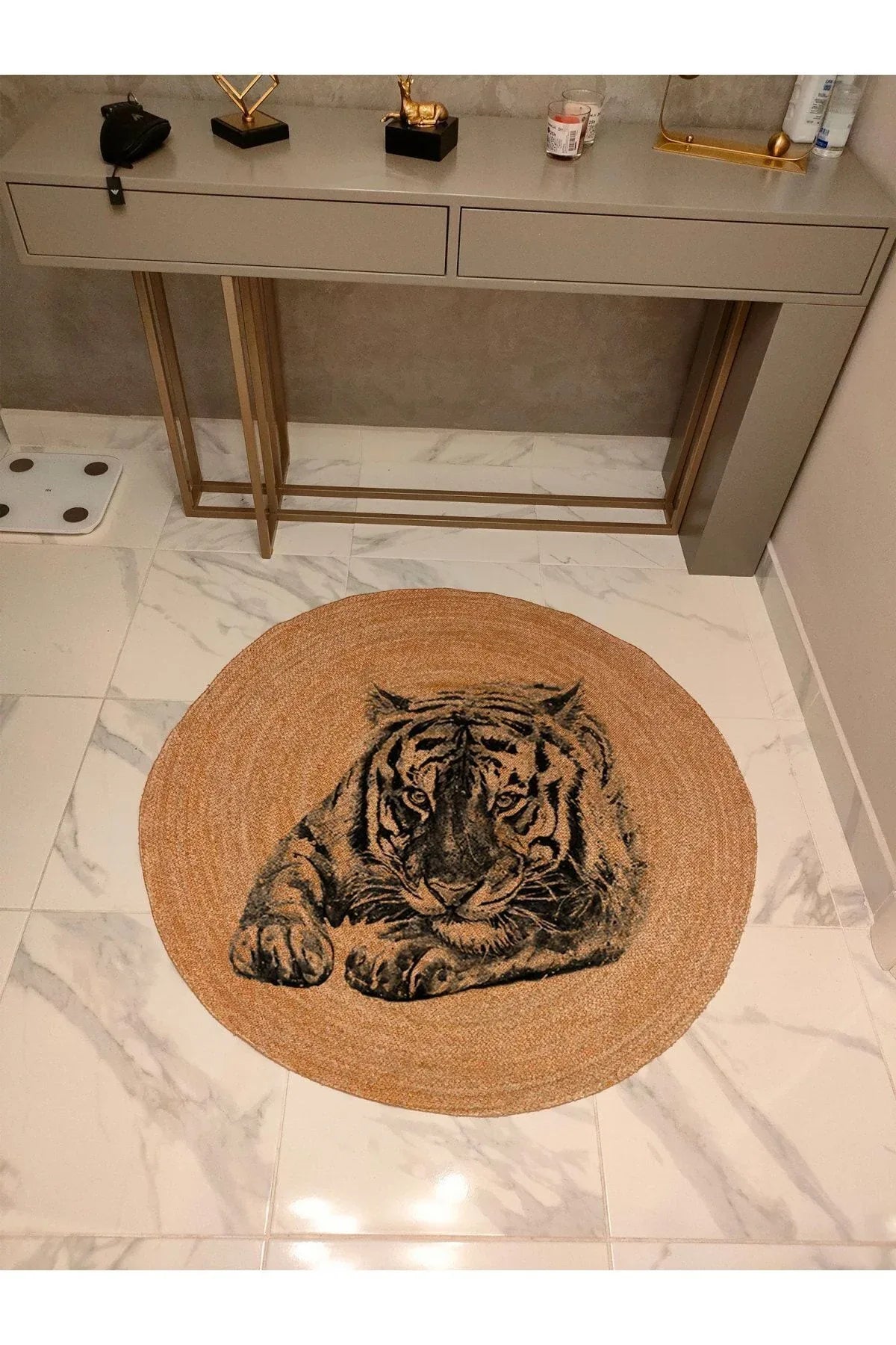 Boho 931 Jüt Doğa Iplik Ile Üretilmiş Kaplan Desenli Yuvarlak Natural Renk Çift Taraflı Halı - HALI VAGONU