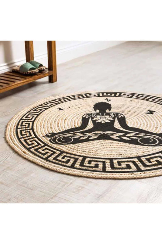 Boho 946 Yogo Yapan Kadın Baskılı Örgü Yuvarlak Natural Çift Taraflı Halı - HALI VAGONU
