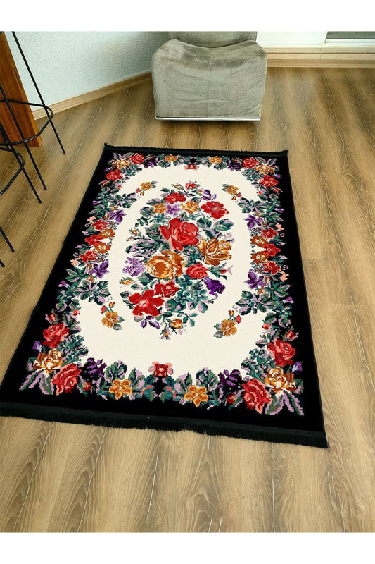 Halı Vagonu Serisi Kahve Tonlarında Çerçeveli Eskitme Geometrik Desen Kaymaz Taban Şönil Halı