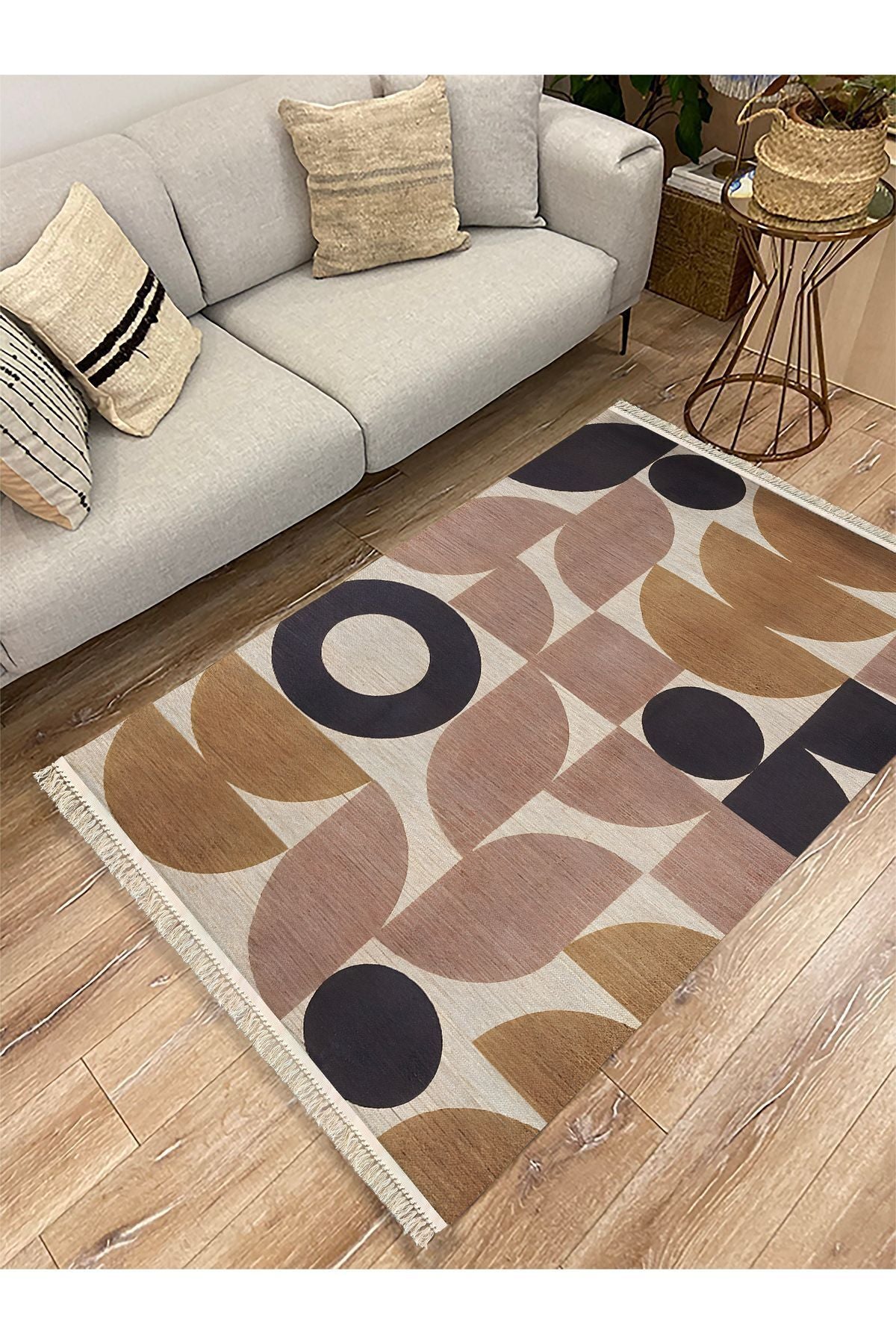 Cotton 68 Pudra Camel Ve Siyah Pastel Geometrik Desenli Dokuma Kilim