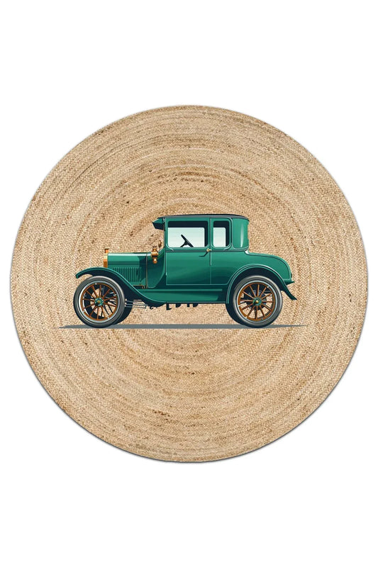 Boho 961 Eski Vintage Araba Figürlü Örgü Yuvarlak Natural Çift Taraflı Halı - HALI VAGONU
