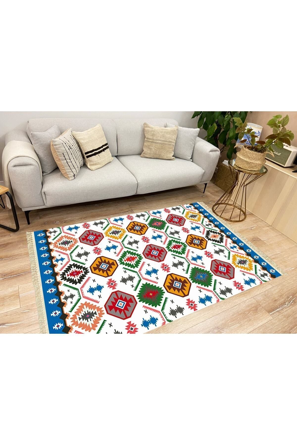 Cotton Serisi Multy Tonlarında Geometrik Desen Dekoratif Dokuma Taban Kilim
