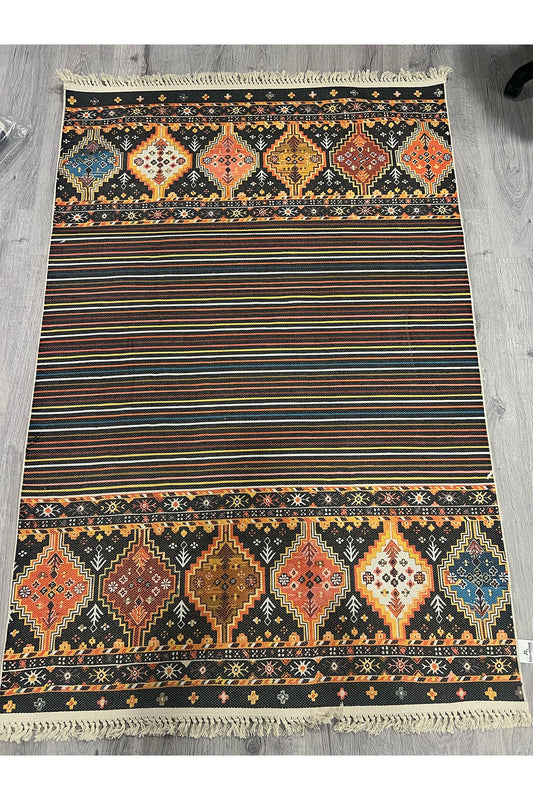 Cotton Siyah Etnik Otantik Desenli Çizgili Saçaklı Pamuk Taban Kilim 3593