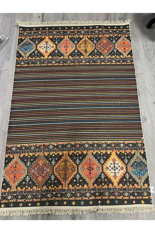 Cotton Siyah Etnik Otantik Desenli Çizgili Saçaklı Pamuk Taban Kilim 3593 - HALI VAGONU