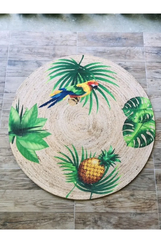 Halı Vagonu Papağan Tropikal Yuvarlak Jüt Örme Hasır Halı/Kilim HV-JH-08 - HALI VAGONU