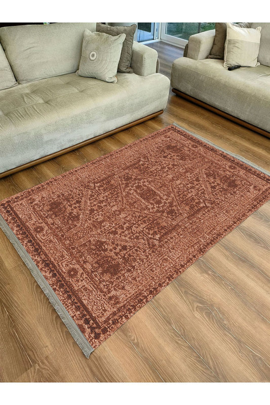 Halı Vagonu 2080 Hardal Tonlarında Etnik Otantik Eskitme Desen Kaymaz Taban Dekoratif Halı