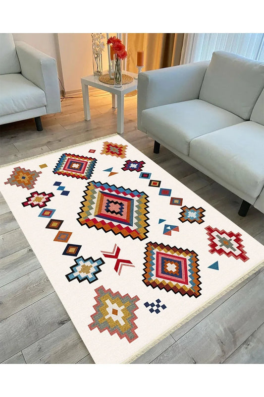 Cotton Serisi Multy Tonlarında Iskandinav Eskitme Desenli Dekoratif Dokuma Taban Kilim - HALI VAGONU