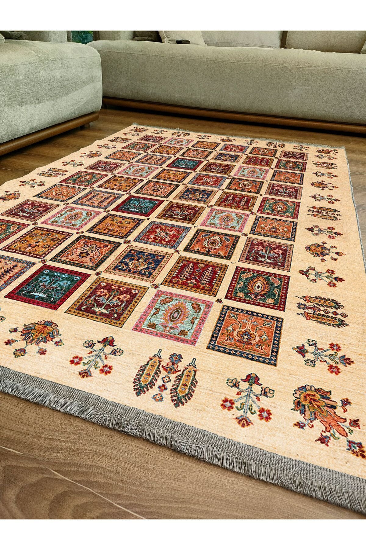 Halı Vagonu 2085 Bej Tonlarında Otantik Desen Kaymaz Taban Dekoratif Halı