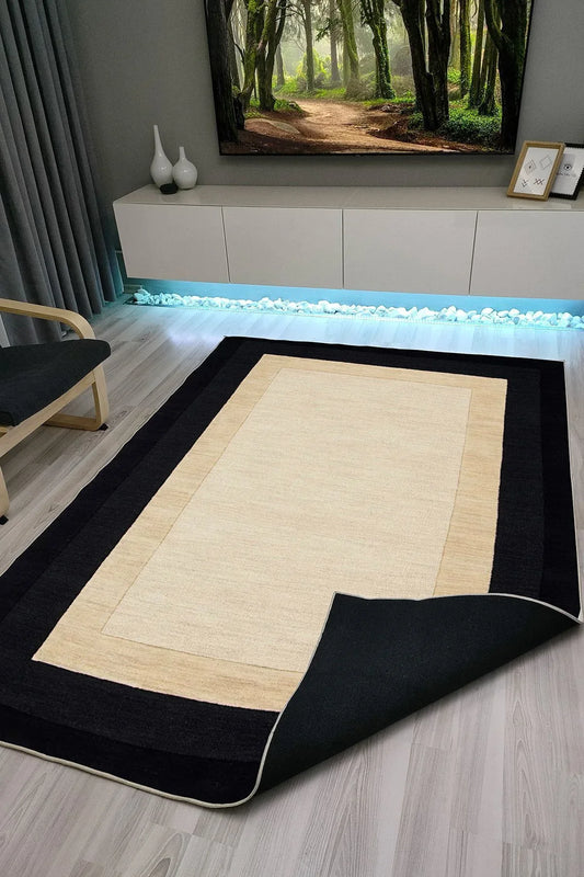 Halı Vagonu 1012 Siyah Çerçeve Bordürlü Etnik Dekoratif Kaymaz Taban Halı - HALI VAGONU