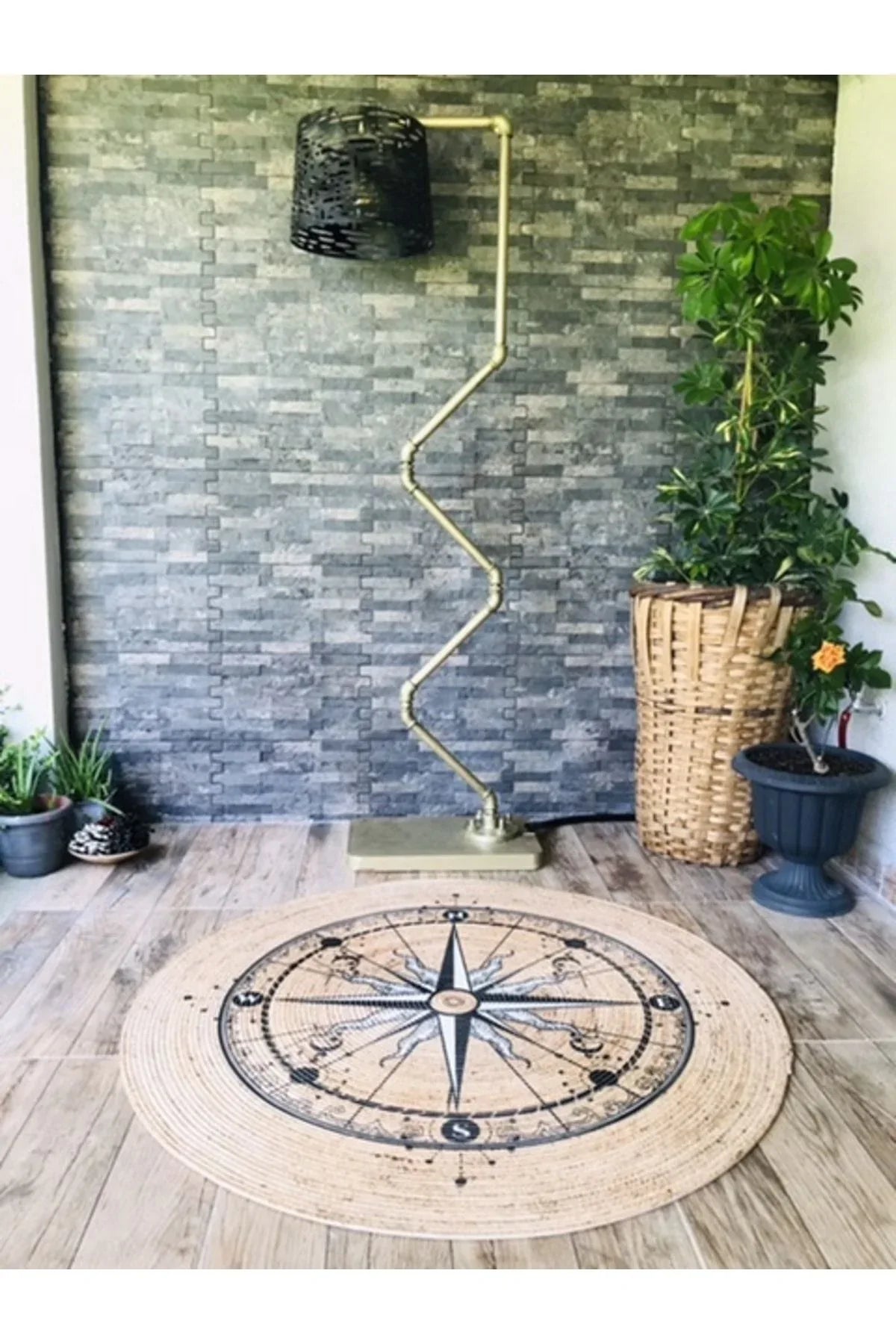 Pusula Desenli Yuvarlak Jüt Örme Hasır Halı/Kilim HV-JH-05 - HALI VAGONU