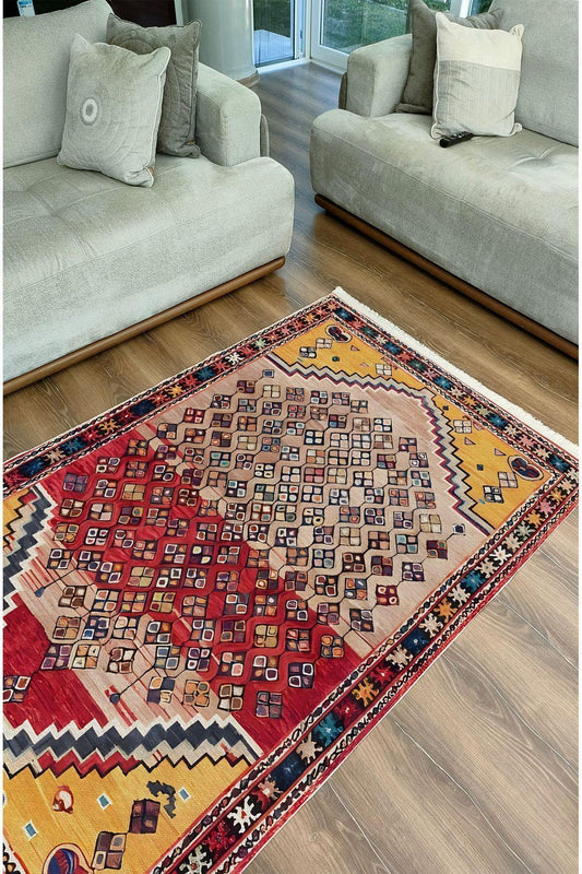 Halı Vagonu109ı Etnik Anadolu Halısı Dekoratif Salon Halısı Saçaklı Yıkanabilen Halı - HALI VAGONU