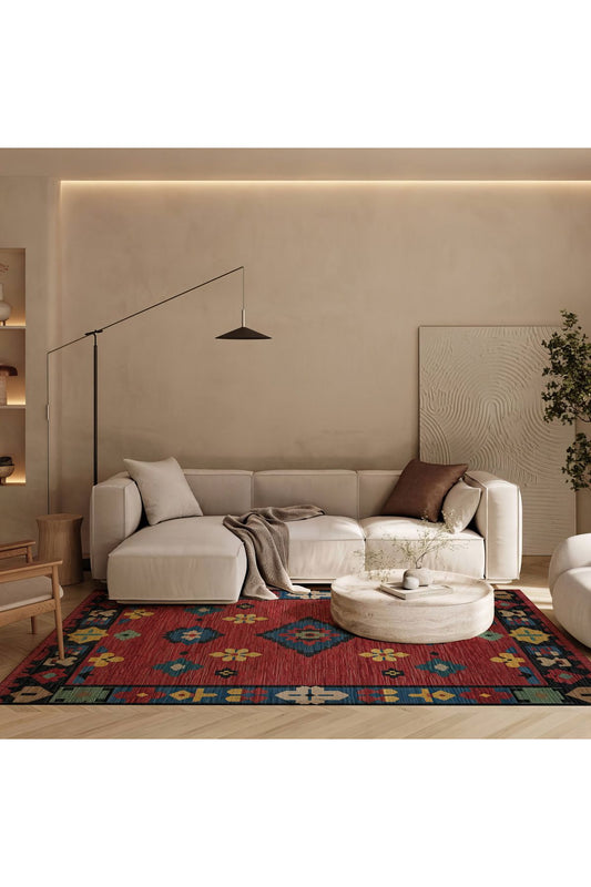 Kırmızı Etnik Desenli Saçaklı Vintage Modern Salon Halısı 222