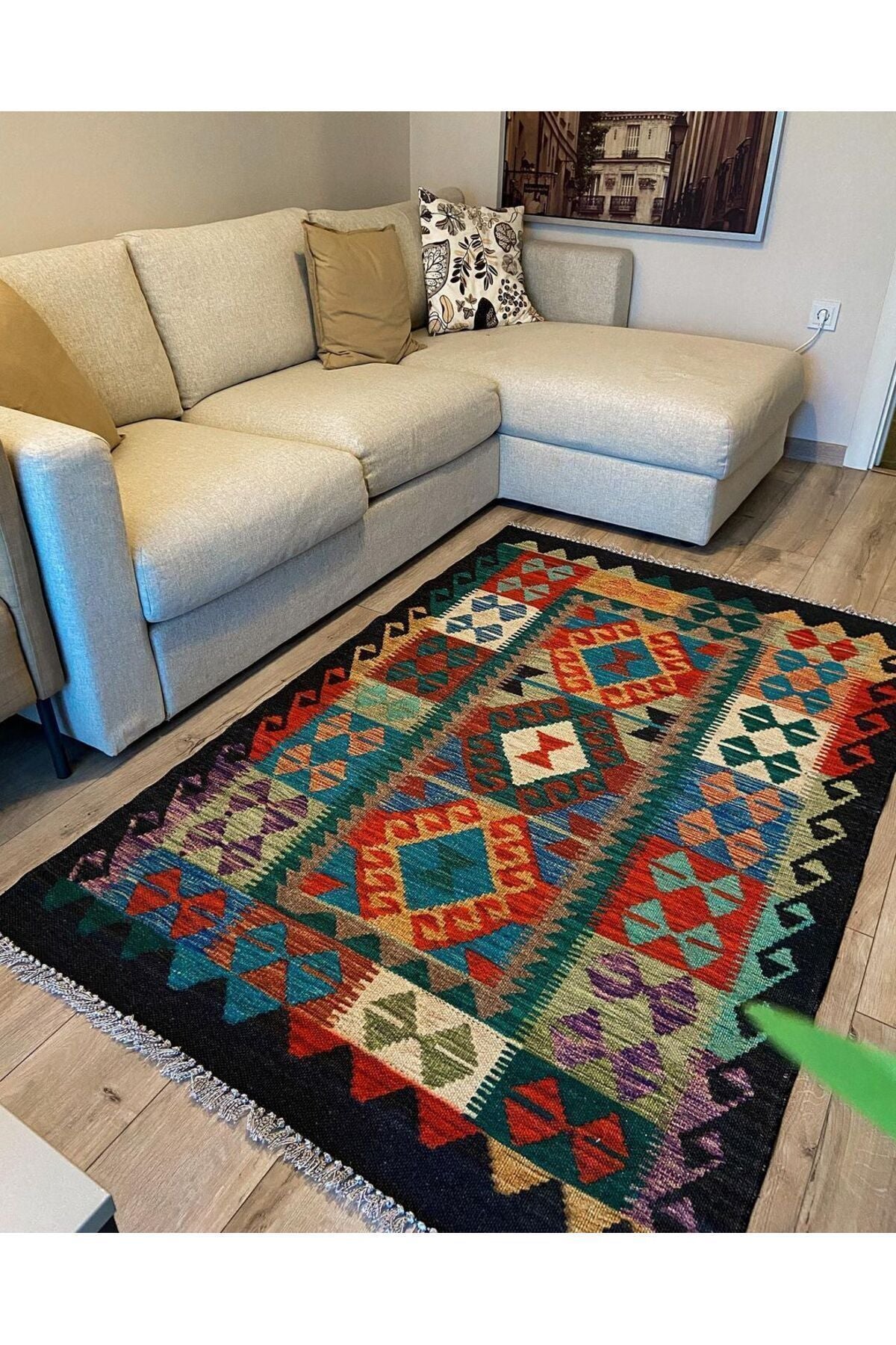Cotton Kilim 3053 Laciver Geleneksel Motifler Modern Dekoratif Saçaklı Yıkanabilen Dokuma Kilim