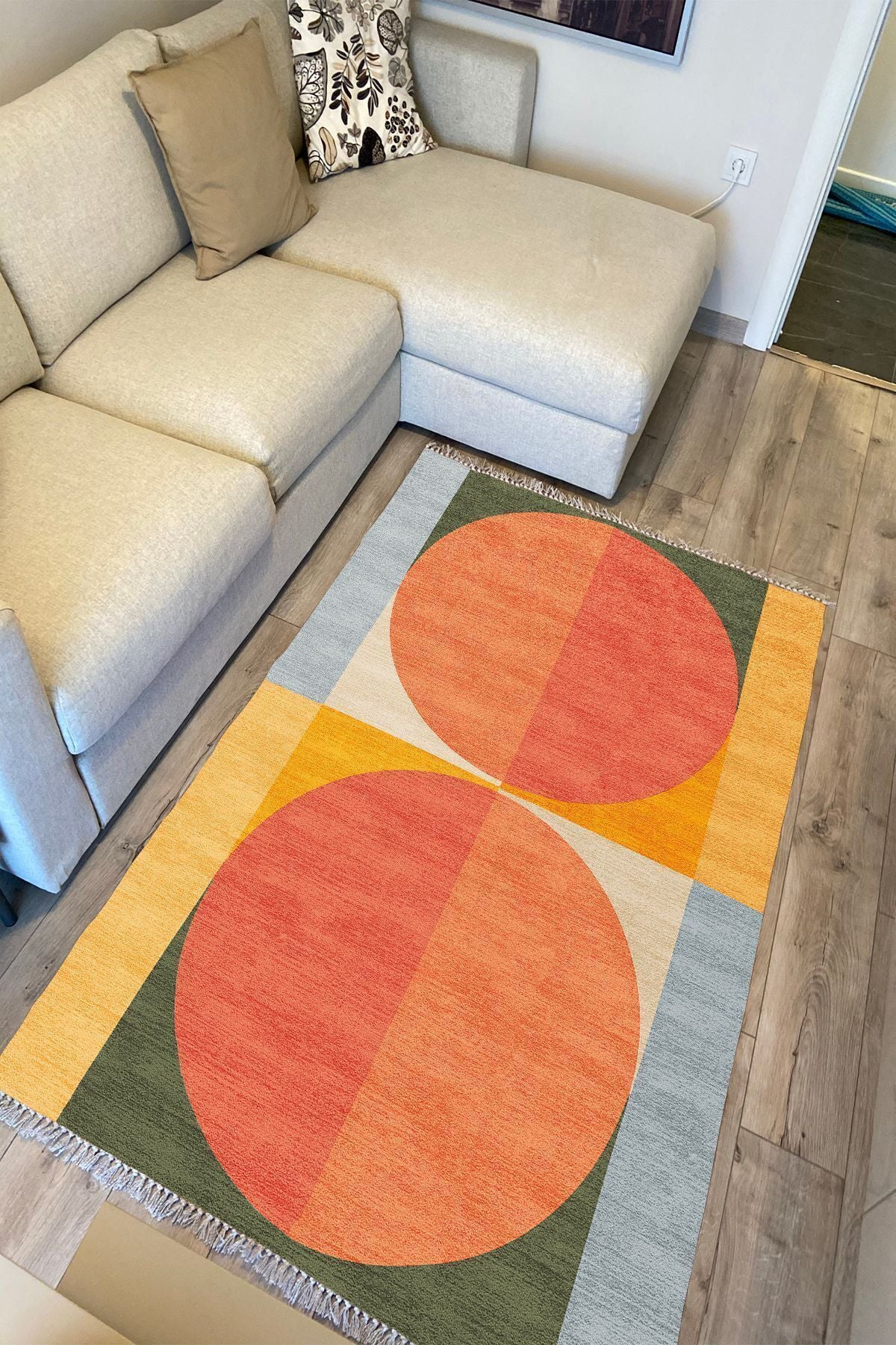 Cotton Kilim 32 Turuncu Tonlarında Modern Desenli Dekoratif Yıkanabilen Dokuma Taban Kilim