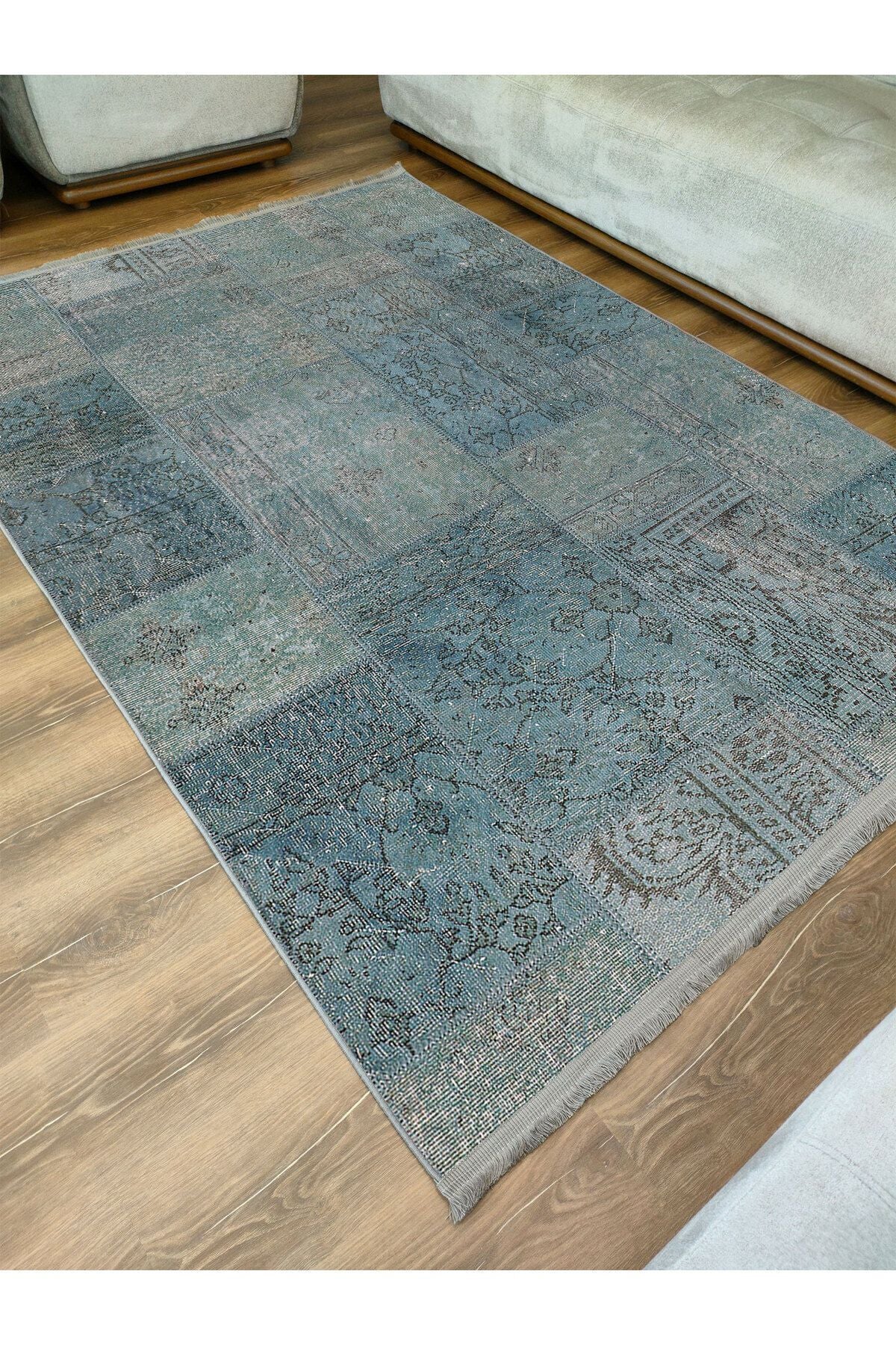 Halı Vagonu 2091 Mavi Tonlarında Patchwork Eskitme Desen Kaymaz Taban Dekoratif Halı
