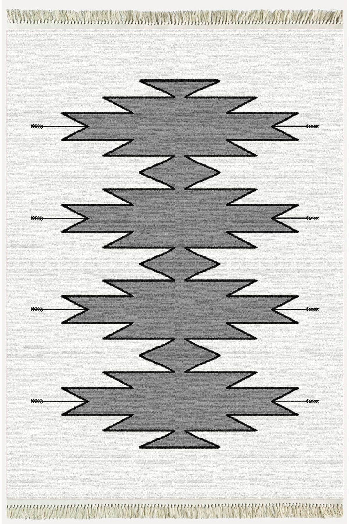 Cotton Serisi Açık Gri Ve Gri Tonunda Geometrik Desen Dekoratif Dokuma Taban Kilim